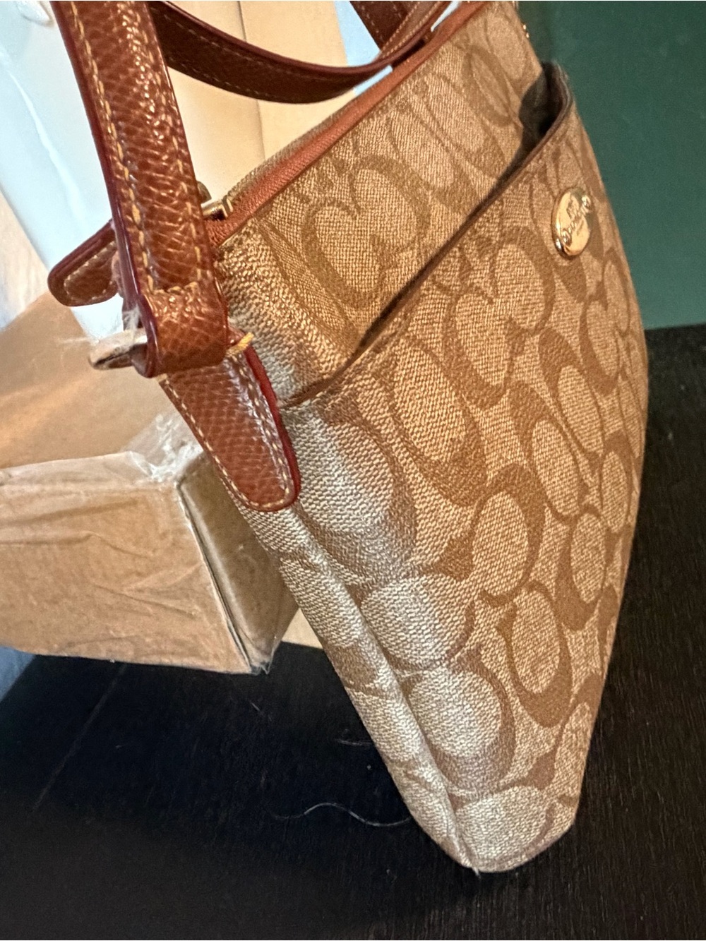 EUC Coach Tan Signature Canvas Crossbody Bag with Brown Leather Trim - Picture 5 of 15